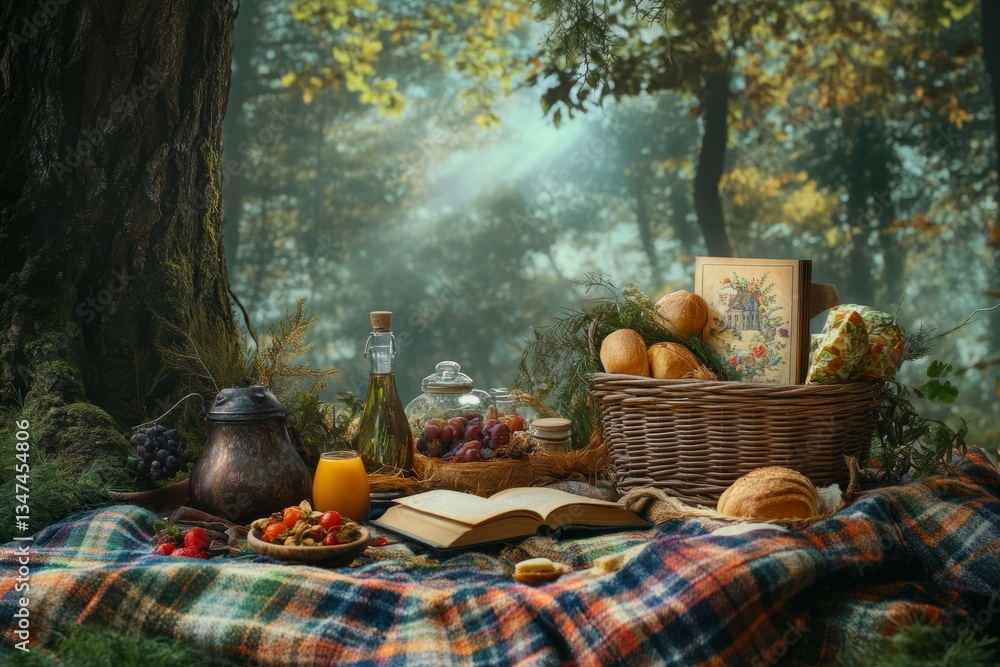 Outdoor picnic setup with a rustic theme, featuring a cozy blanket, books, and fresh fruits in a sunlit forest clearing