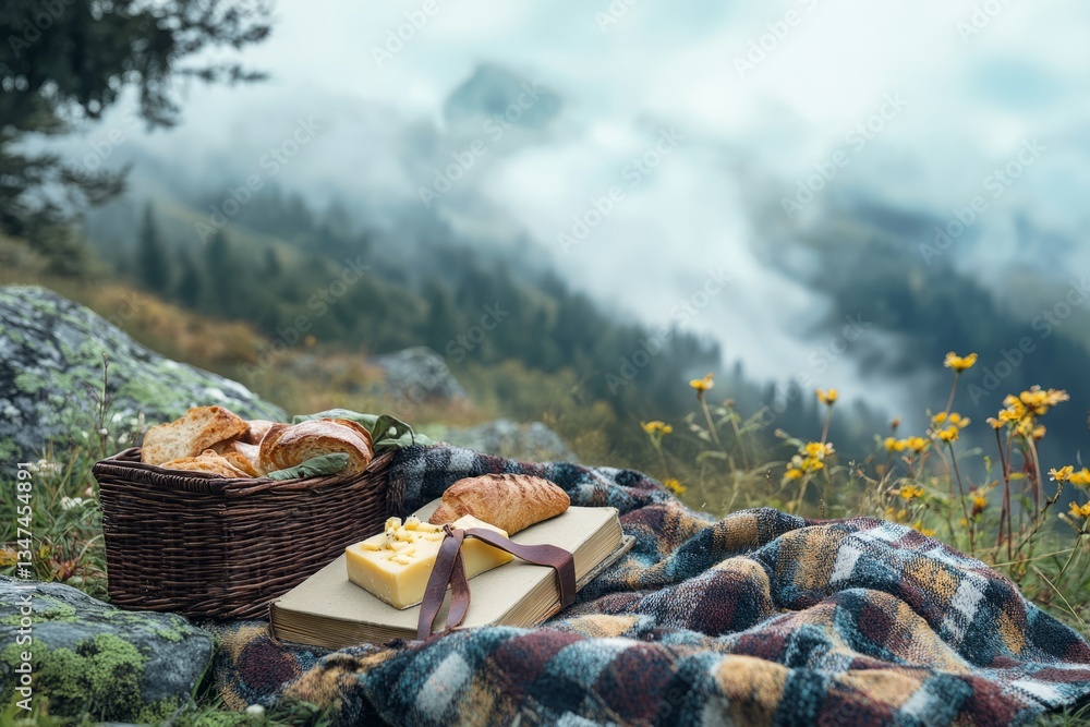Delightful picnic with bread and cheese on a blanket in a misty mountain meadow