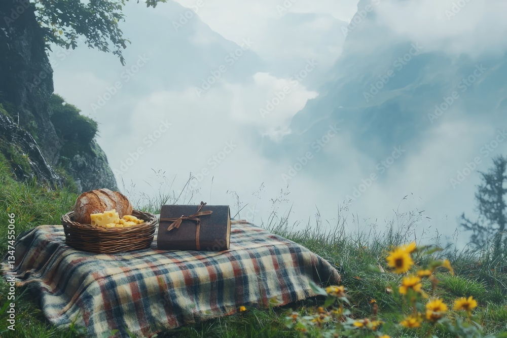 Enjoying a serene picnic with fresh bread and cheese amidst misty mountain views during early morning hours
