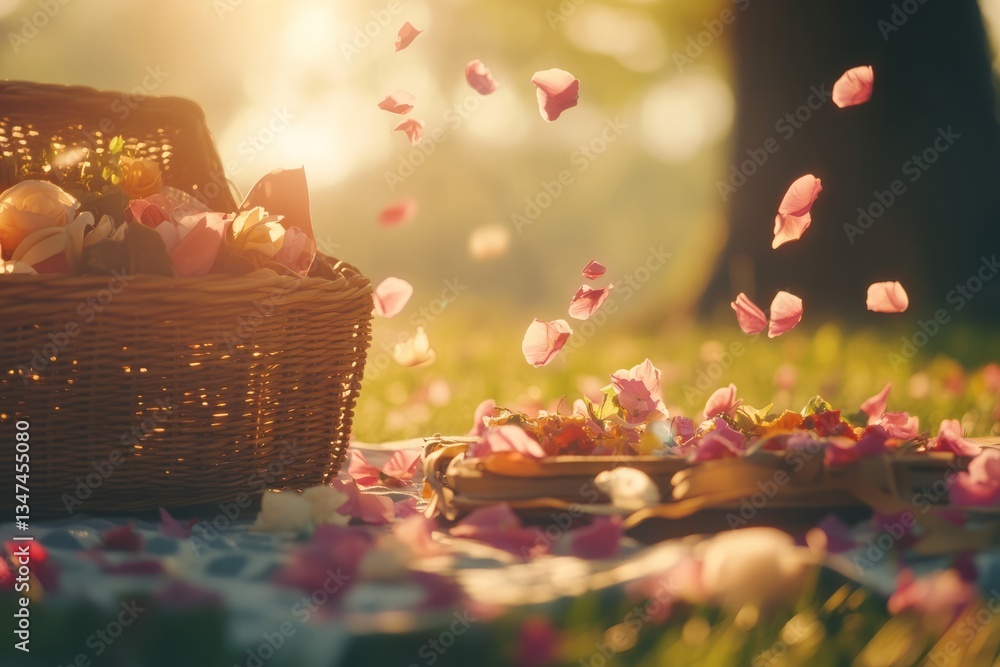 Colorful flower petals drift gently around a picnic basket in a sunny park setting during the early evening