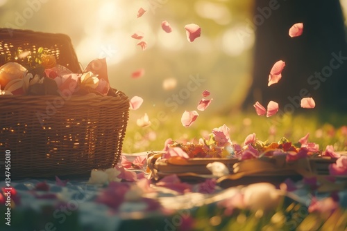Obraz na płótnie Colorful flower petals drift gently around a picnic basket in a sunny park setting during the early evening w salonie