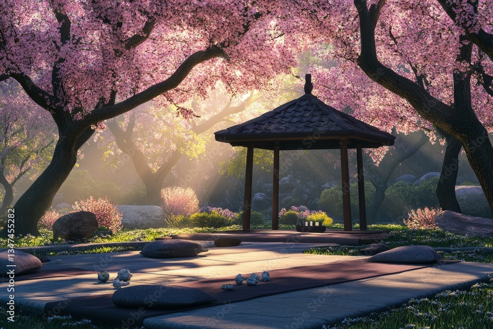 Serenity in a blossoming garden with a traditional gazebo under cherry blossoms during early morning light