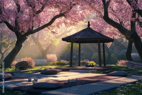 Obraz na płótnie Serenity in a blossoming garden with a traditional gazebo under cherry blossoms during early morning light w salonie
