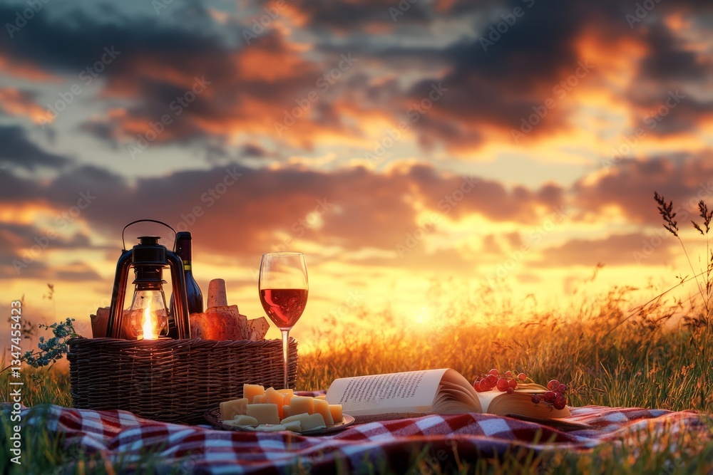 Enjoying a sunset picnic with wine, cheese, and a good book in a peaceful meadow