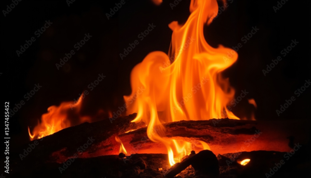 Close-up of vibrant flames dancing over burning logs in a dark setting Close-up of vibrant flames dancing over burning logs in a dark setting