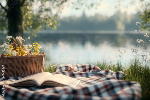 Obraz na płótnie Relaxing by a serene lake with a book, basket of flowers, and a cozy blanket on a peaceful morning w salonie