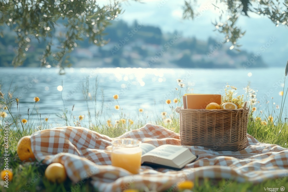 Picnic by the serene lake with fresh fruits and a book on a sunny afternoon near a vibrant landscape