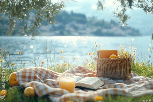 Obraz na płótnie Picnic by the serene lake with fresh fruits and a book on a sunny afternoon near a vibrant landscape w salonie