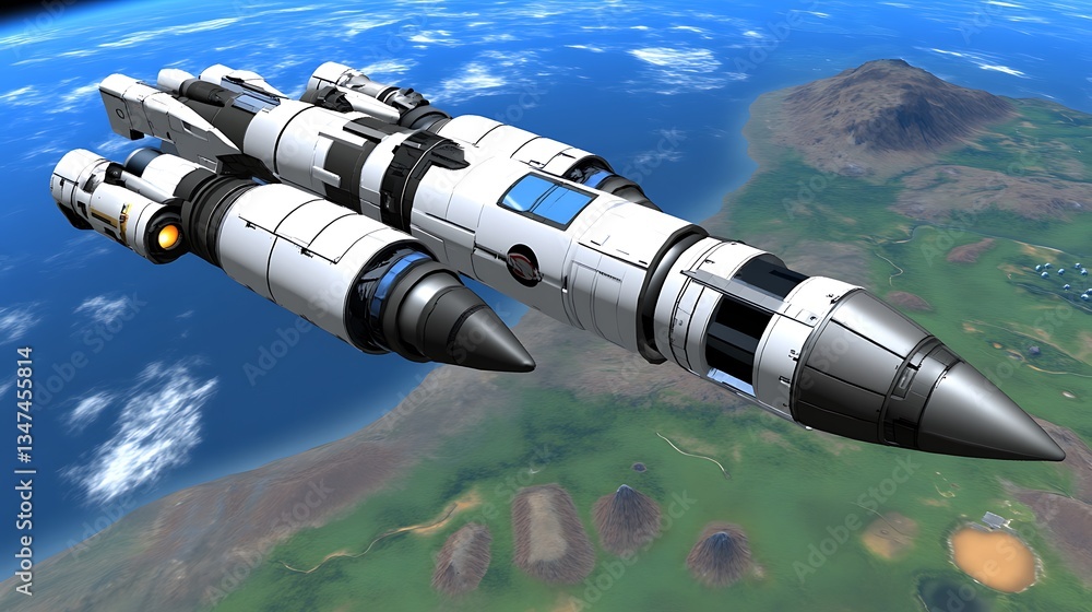 Fototapeta premium Futuristic Spacecraft Traveling Across Earths Atmosphere Towards Orbit