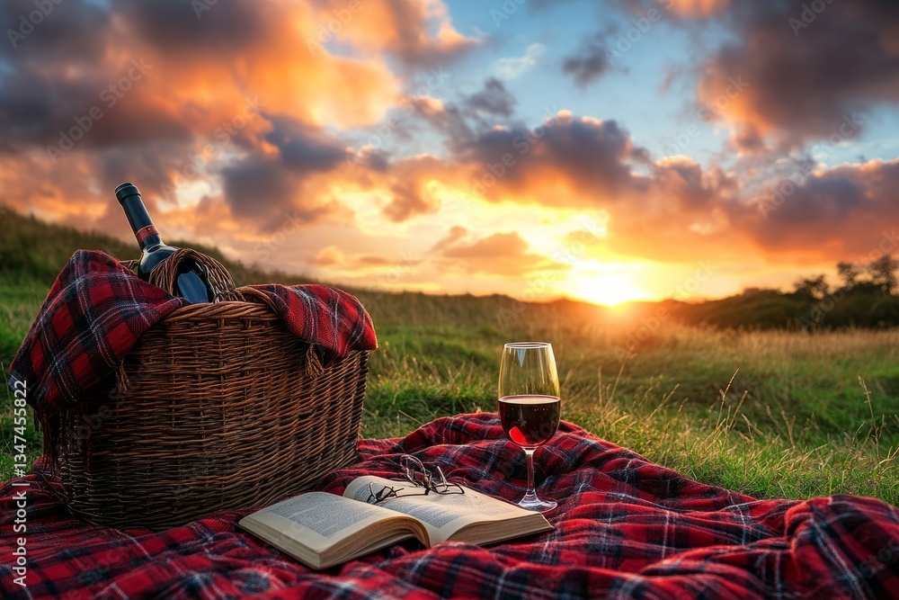 Relaxing picnic with wine and book at sunset in a scenic landscape