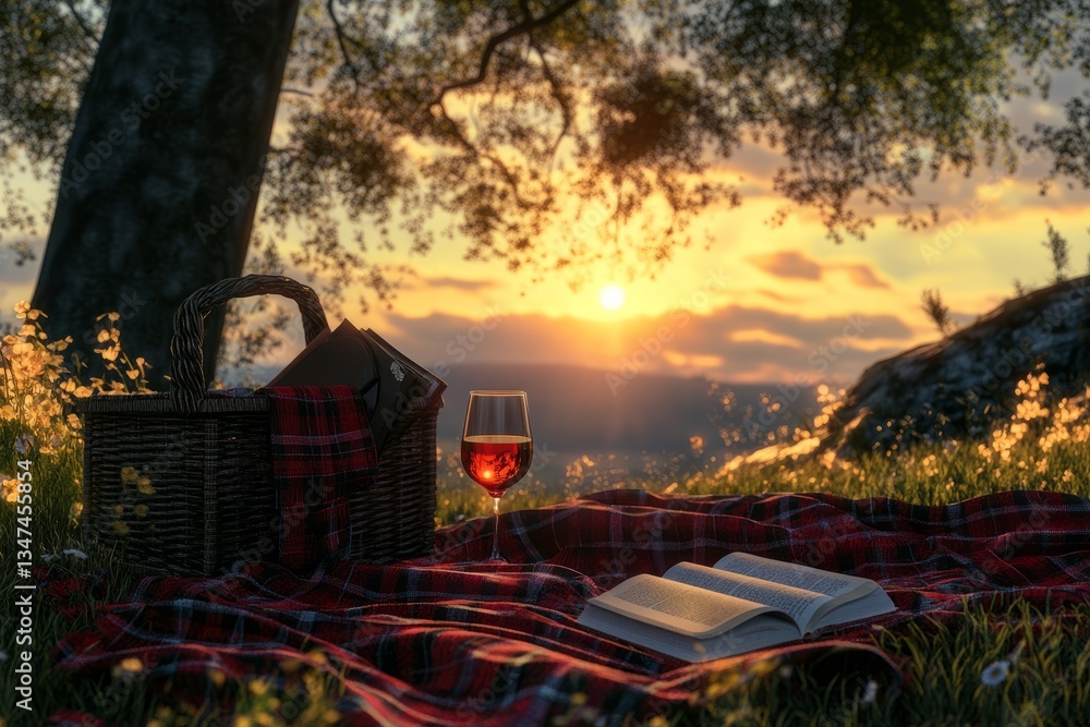 Enjoying a serene sunset picnic with wine, a book, and a basket in a scenic landscape