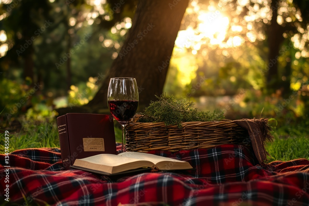 Relaxing picnic in a sunlit garden with wine, a book, and greenery in the afternoon