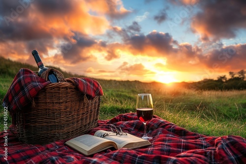 Obraz na płótnie Relaxing picnic with wine and book at sunset in a scenic landscape w salonie