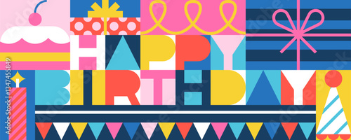 Happy Birthday holiday lettering. Vector cake, gift box illustration. Greeting card party invitation banner print design