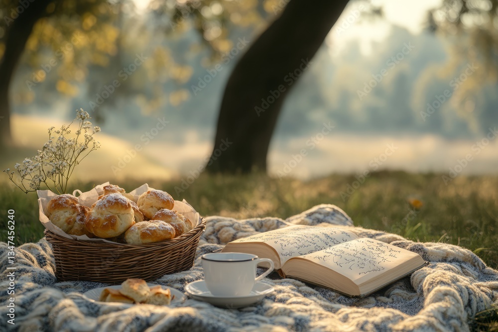 Enjoying pastries and coffee while reading a book on a peaceful morning in the park