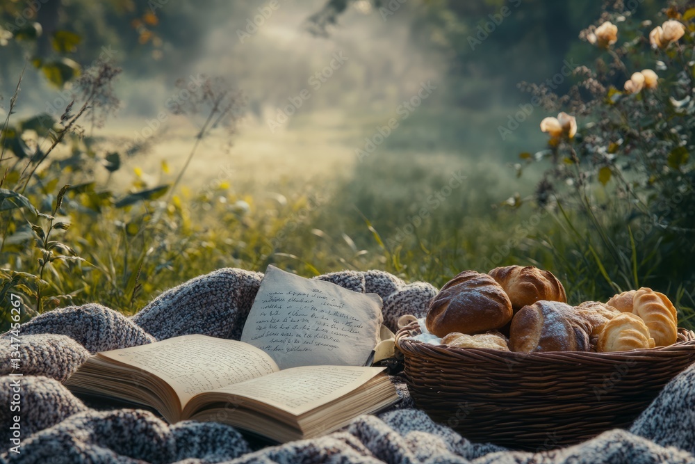 Relaxing morning in nature with a book and fresh pastries in a serene garden setting