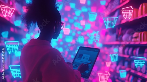 Neon Shopping Spree:  A Woman's Online Shopping Experience in a Futuristic Supermarket Setting