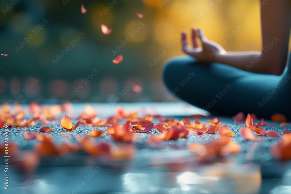 Meditation practice amidst scattered flower petals during a serene sunset