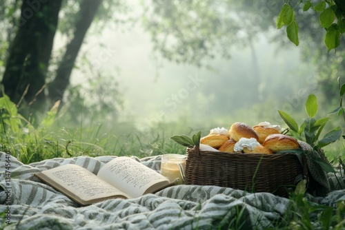Enjoying a peaceful picnic with fresh pastries and a book in a serene forest setting during a misty morning