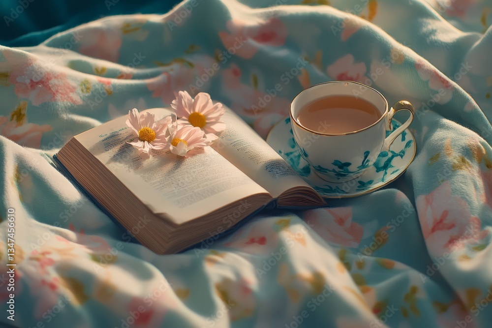 Warm cup of tea beside an open book adorned with flowers on a cozy blanket in soft light