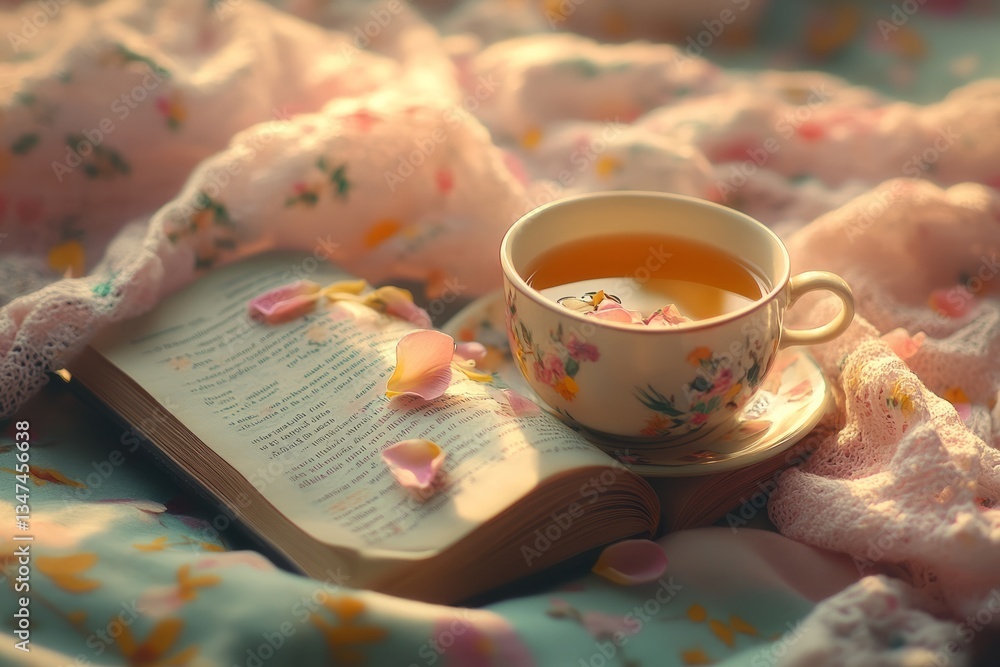 Relaxing afternoon with tea, flowers, and a book on a cozy blanket in soft, natural light