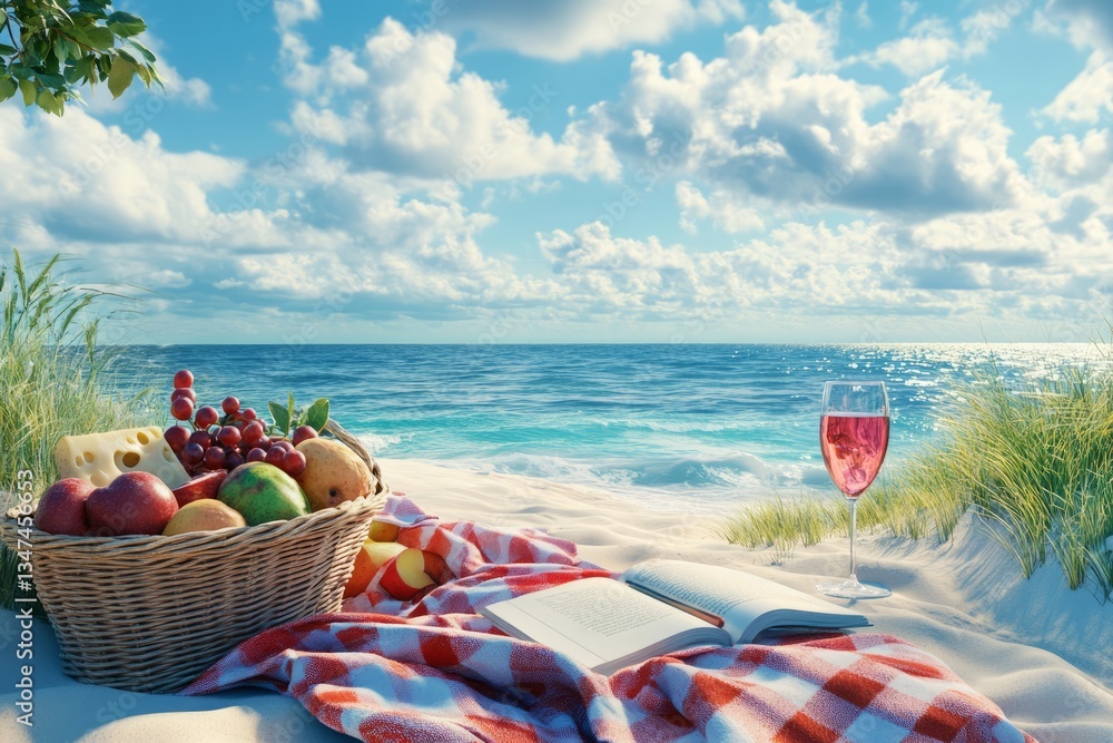 Relaxing beach picnic with fruits, wine, and a book by the ocean under a blue sky