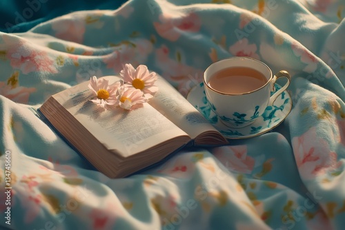 Obraz na płótnie Warm cup of tea beside an open book adorned with flowers on a cozy blanket in soft light w salonie