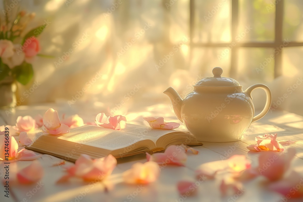 Sunlight streams through a window illuminating a white teapot and an open book surrounded by pink flower petals in a cozy setting