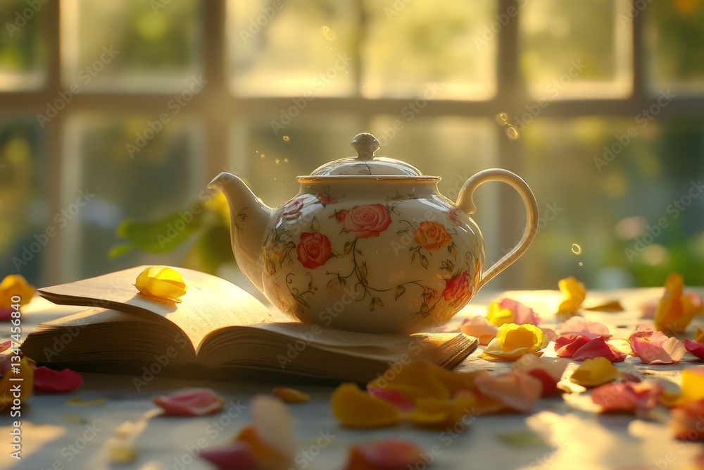 Elegant teapot resting on an open book surrounded by colorful rose petals in a sunlit room
