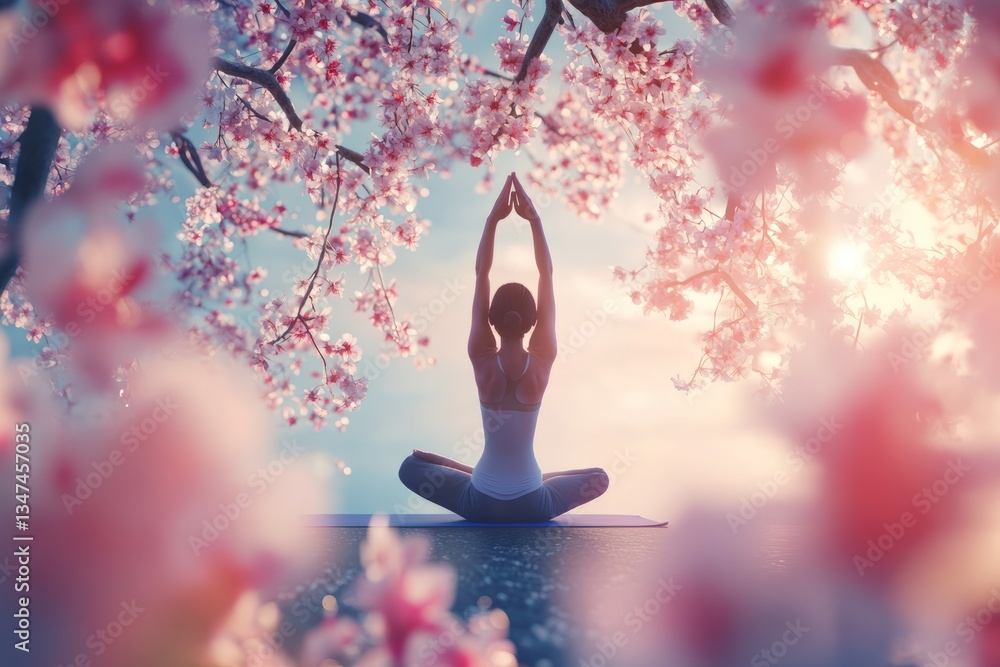 Yoga practitioner performs a serene pose under cherry blossoms by a tranquil water body during sunrise