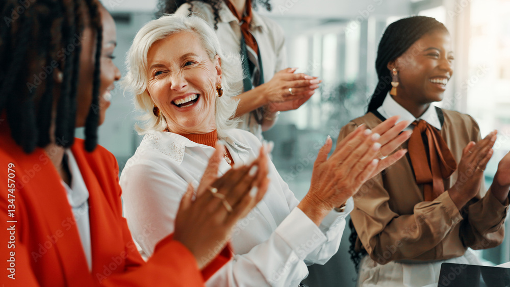 Applause, happy and meeting with business women in office for workshop, success and celebration. Achievement, conference and winner with people clapping in seminar for agreement, bonus and profit Applause, happy and meeting with business women in office for workshop, success and celebration. Achievement, conference and winner with people clapping in seminar for agreement, bonus and profit