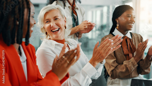 Obraz na płótnie Applause, happy and meeting with business women in office for workshop, success and celebration