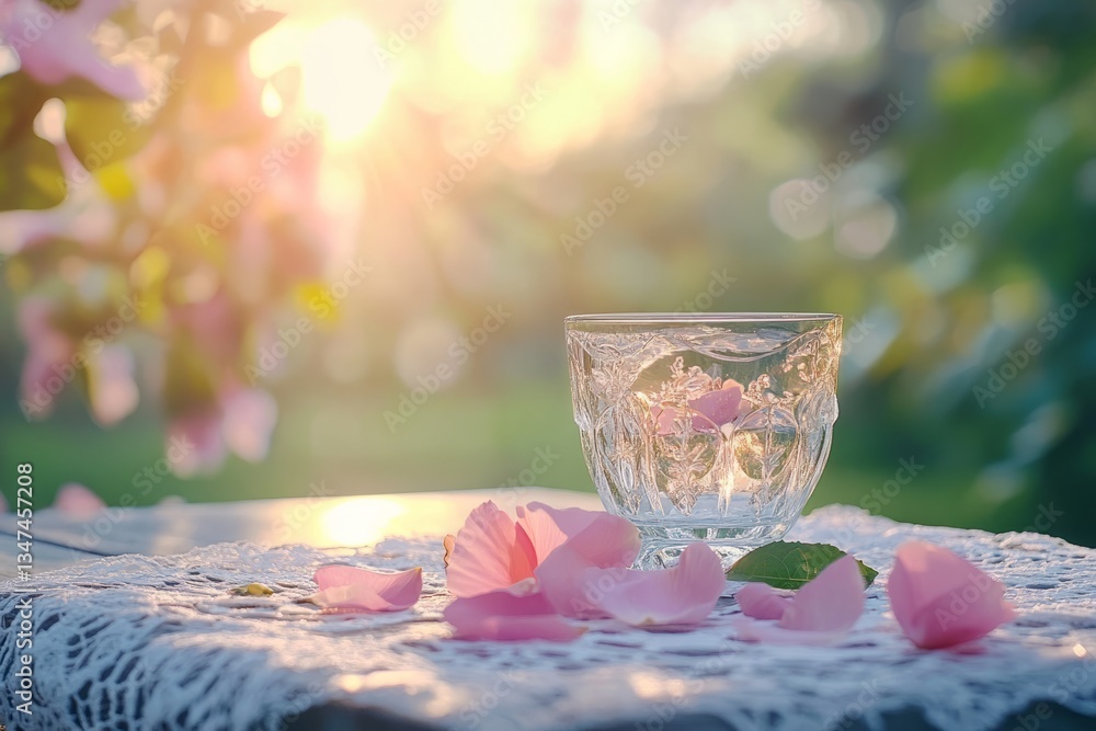 Sunlit crystal glass with flower petals on lace tablecloth in serene garden during sunset