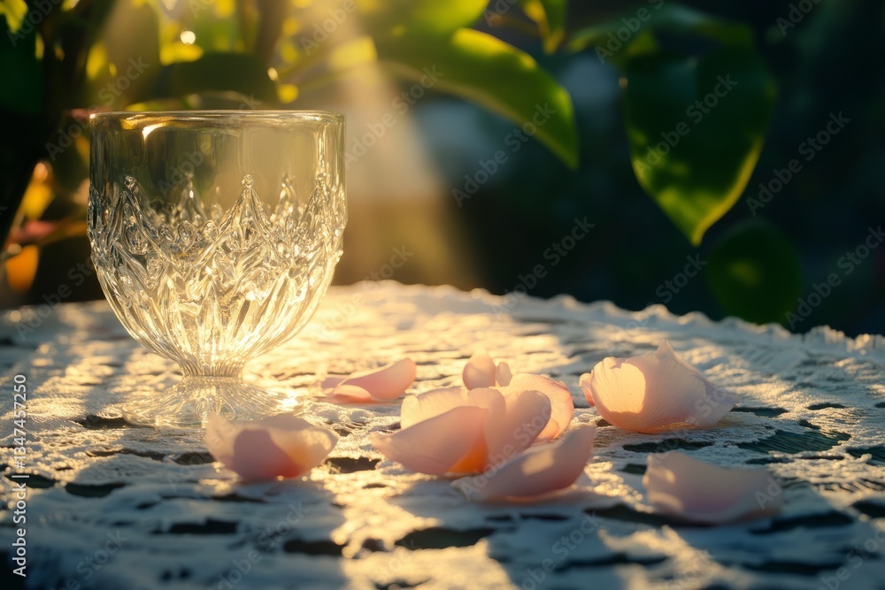 Clear glass cup on lace table with rose petals under soft sunlight at an outdoor garden setting