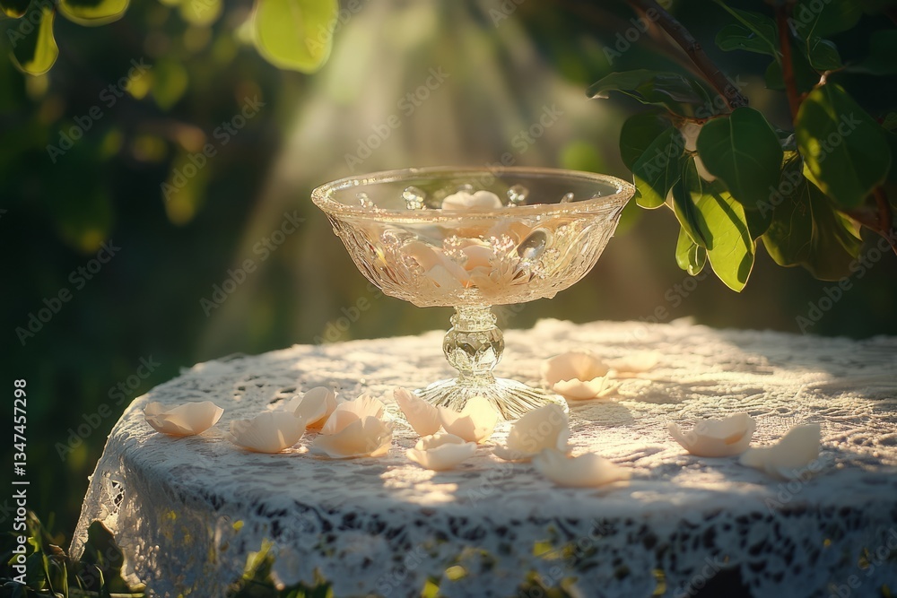 Glass bowl filled with petals rests on a lace table under soft sunlight in a serene garden setting