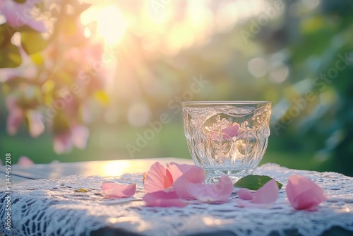 Sunlit crystal glass with flower petals on lace tablecloth in serene garden during sunset
