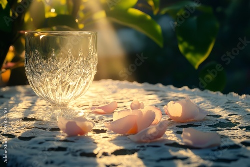 Obraz na płótnie Clear glass cup on lace table with rose petals under soft sunlight at an outdoor garden setting w salonie