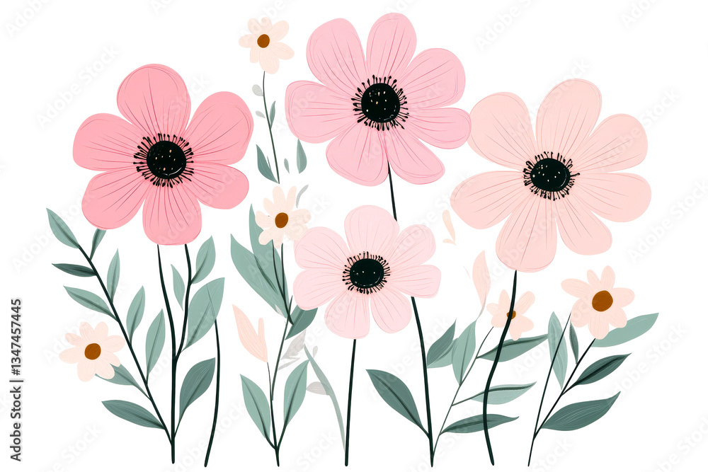 Naklejka premium Pink flowers and leaves illustration with black background, cut out transparent