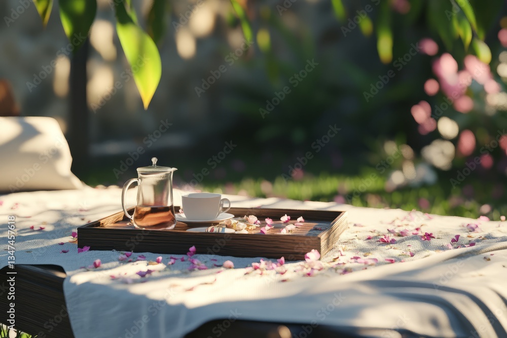 Enjoying tea and snacks in a tranquil garden setting with flowers on a sunny afternoon