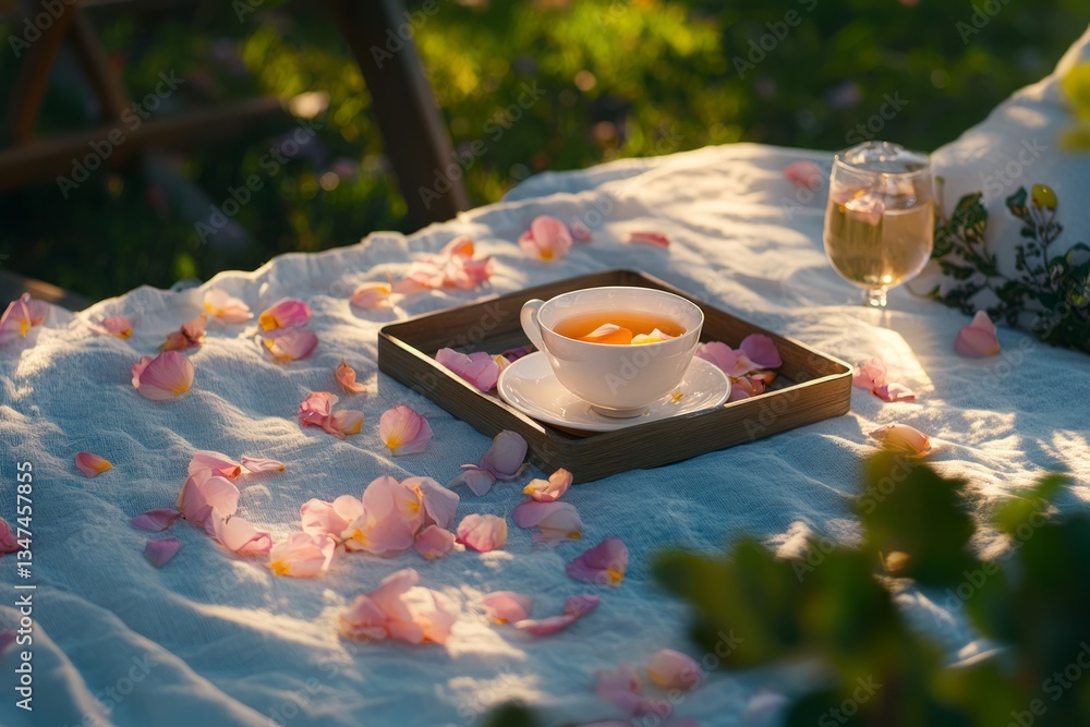 Relaxing afternoon tea with fruit and rose petals in a tranquil garden setting during golden hour