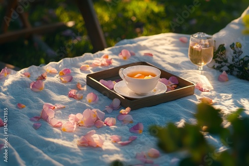 Obraz na płótnie Relaxing afternoon tea with fruit and rose petals in a tranquil garden setting during golden hour w salonie