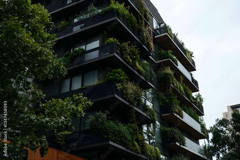 Obraz premium Urban architecture meets nature in a modern building adorned with vibrant greenery during a cloudy afternoon Generative AI