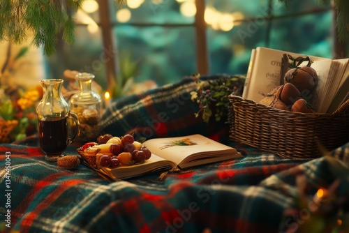 Cozy autumn gathering with snacks, a book, and warm beverages in a natural setting