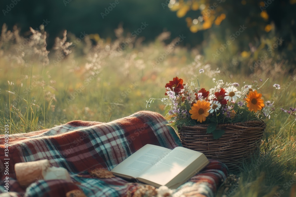 Enjoying a peaceful afternoon in the meadow with a picnic blanket, a book, and a basket of fresh flowers