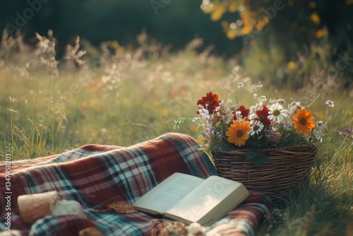 Enjoying a peaceful afternoon in the meadow with a picnic blanket, a book, and a basket of fresh flowers