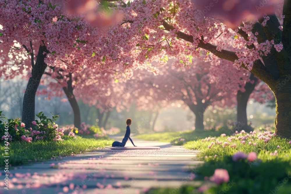Serene meditation under blooming cherry blossoms in a tranquil park setting at sunrise