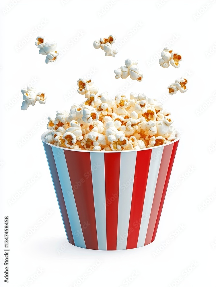 Delicious Popcorn in Striped Bucket - A full bucket of popcorn with pieces flying out, isolated on white. Perfect for movie night or snack time Delicious Popcorn in Striped Bucket - A full bucket of popcorn with pieces flying out, isolated on white. Perfect for movie night or snack time