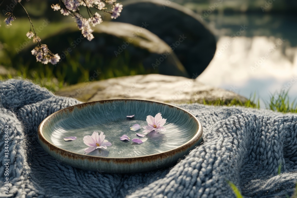 Soft petals float on a serene water dish placed on a cozy blanket by the lakeside surrounded by nature