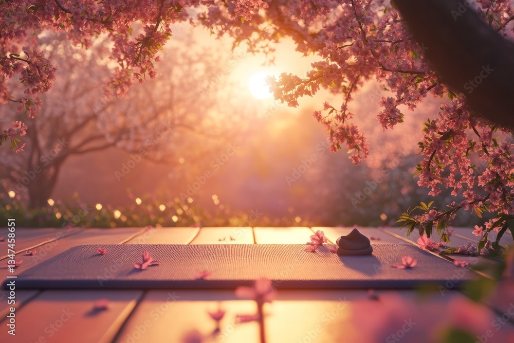 Serene yoga practice during sunset under blooming cherry blossoms in a tranquil outdoor setting