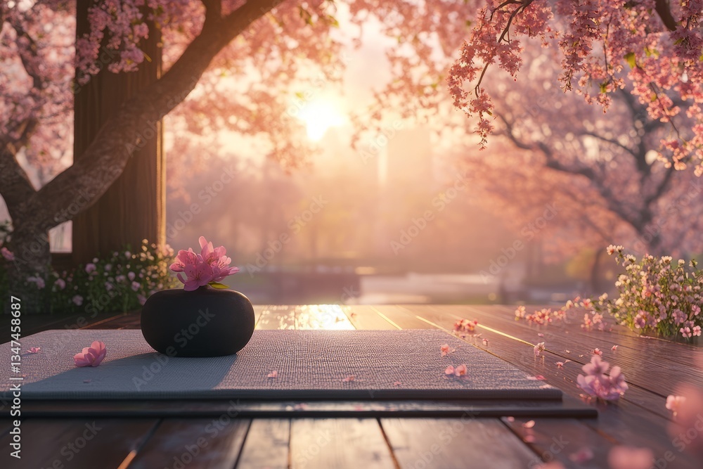 Serenity in a tranquil garden surrounded by blooming cherry blossoms at sunset